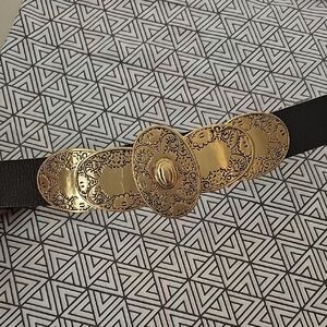 Gold Ornate Disc Oval Wide Waist Belt Brown Leather Adjustable Slide M/L Chicos